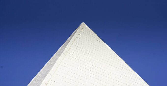 Top of white tile pyramid contrasting the clear blue sky